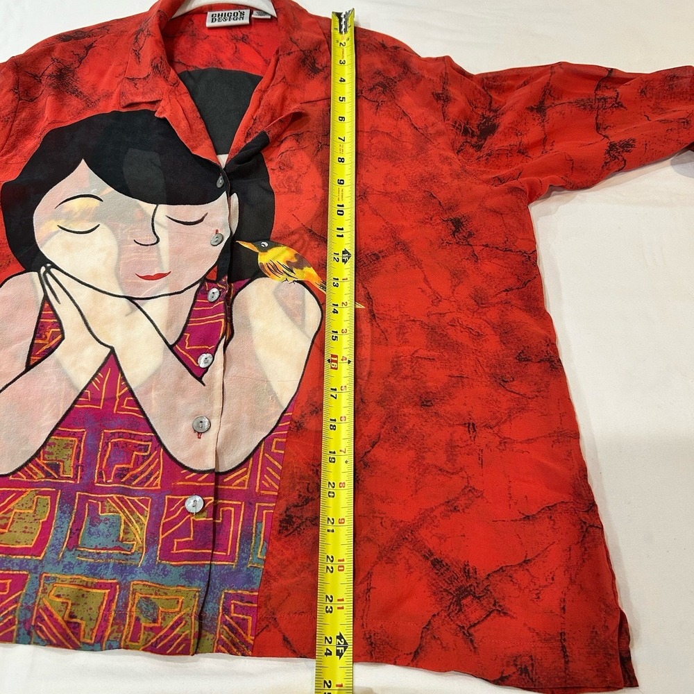 Vintage CHICOS 2 Large 100% Sheer Silk Red Blouse Asian Lady & Bird ART TO WEAR - Picture 7 of 10
